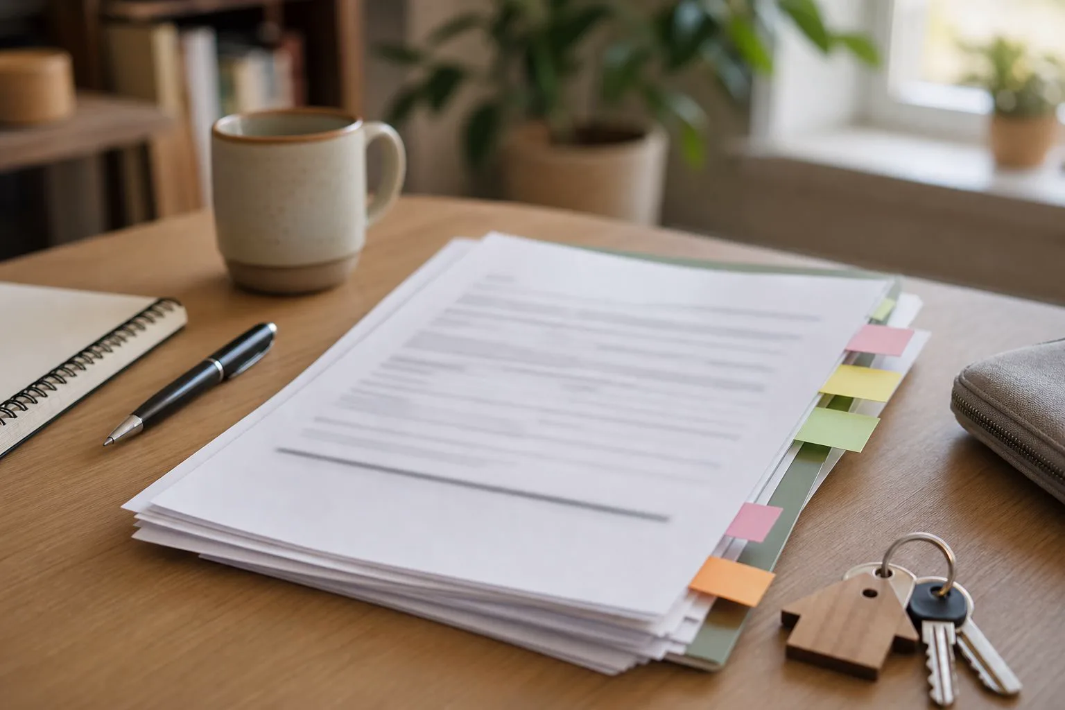 Lease papers with tabs, a pen, and keys on a table