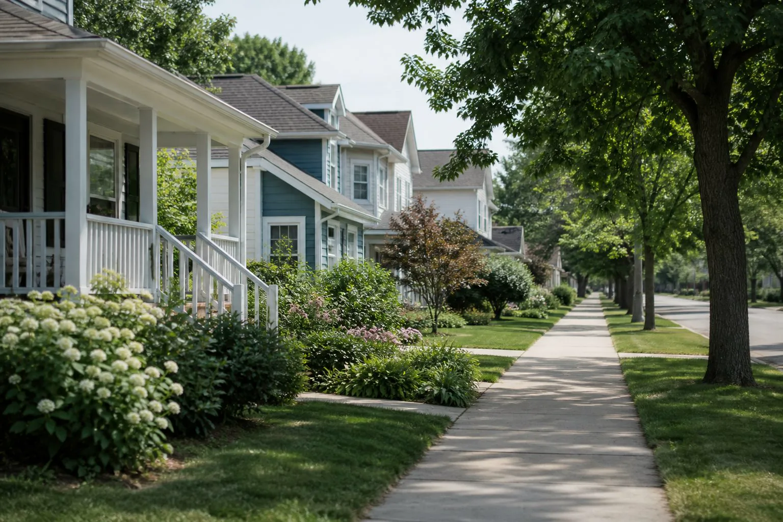 A quiet residential street with modest homes and trees